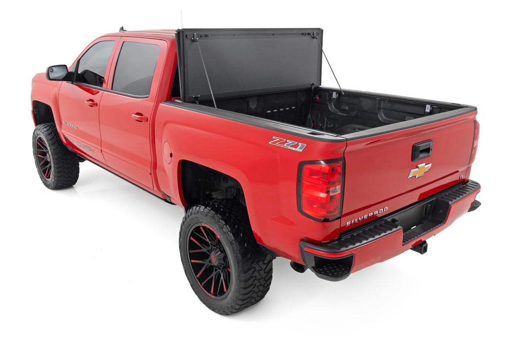 Hard Tri-Fold Flip Up Bed Cover | 6'7" Bed | Rail Cap | Chevy/GMC 1500/2500HD/3500HD (14-19)